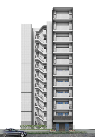 Shared facilities.  [Exterior - Rendering] vertical ・ Decor dark gray and white monotone tile of dynamically emphasized out frame horizontal line, Simple and full of personality facade design. Without it buried in the town of landscape, I aimed a sharp presence in stylish to claim the dignity regal.