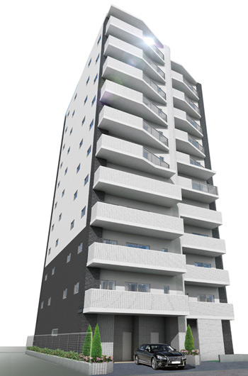 Buildings and facilities. vertical ・ Decor dark gray and white monotone tile of dynamically emphasized out frame horizontal line, Simple and full of personality facade design. Without it buried in the town of landscape, I aimed a sharp presence in stylish to claim the dignity regal. (Exterior view)