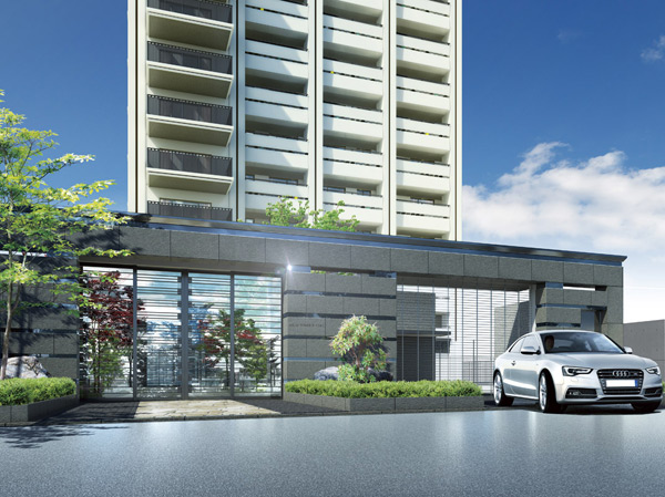 Shared facilities.  [Entrance gate] The bustle shut out, In order to protect the peace of mind, We established the entrance gate to the site entrance. Impressed Mongamae the texture of granite is a stately. Also, Security with non-touch key ※ But, Claims to be from here ahead is a special space. To suppress the illegal intrusion, etc..   ※ It depends on the time. (Rendering)