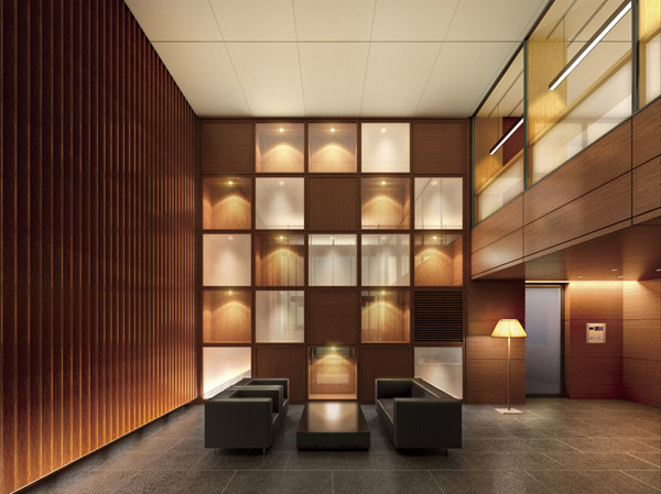 Shared facilities.  [Entrance hall] "Entrance Hall" of the two-layer blow that feeling of opening. The entrance hall and spacious, People who live, You greeted visitors. Airy two layers Fukinuki brings, External light pours through the large windows, Impressive interior that has been summarized in a calm atmosphere. The material stuck to the texture, Will produce a space that drifting sense of quality. (Rendering)