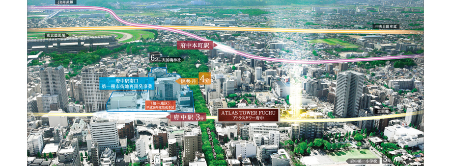 local ・ And subjected to a CG processing on aerial photographs taken around the aerial photo (2012.11, In fact a slightly different)  ※ Fuchu south exit of the first kind urban redevelopment project ・ First District: (scheduled to be completed 2016 fiscal year), Second District ・ Third District: Completed