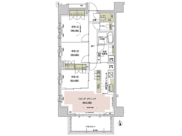 A type ・ 3LDK + shoes closet occupied area / 74.51 sq m balcony area / 9.76 sq m