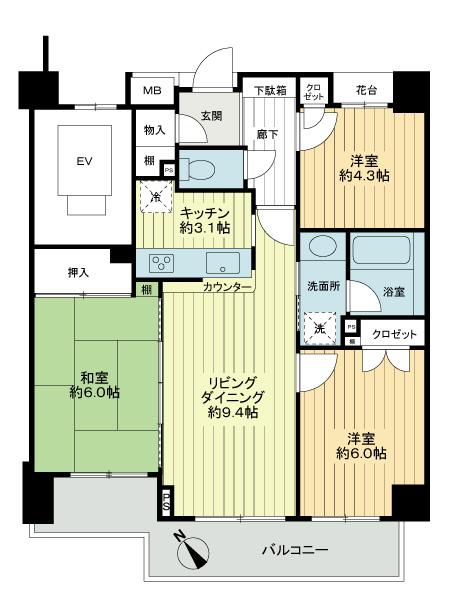 Floor plan. 3LDK, Price 26,800,000 yen, Occupied area 64.19 sq m , Balcony area 10.52 sq m