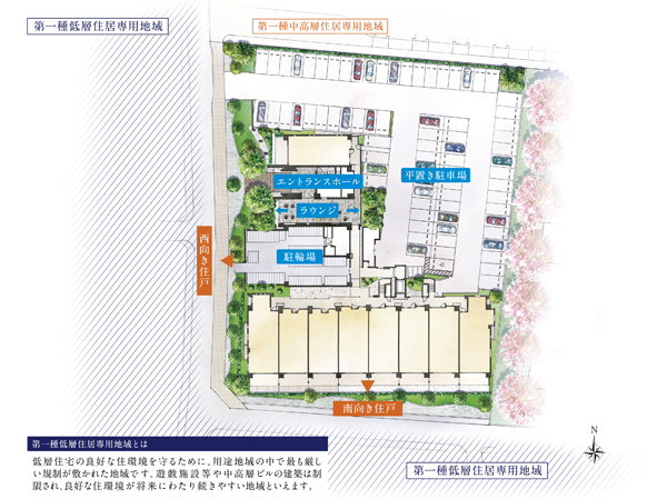 Site placement completed illustrations / ( ※ In fact a somewhat different in those drawn on the basis of the drawings and the like of the planning stage. It should be noted that planting does not indicate a particular season. There is no guarantee over the future with respect to the planting of the adjacent third-party land. Various places equipment ・ Piping ・ Material, and the like, and peripheral building ・ Electric cable ・ Overhead wires etc. are written with some omitted or simplified)