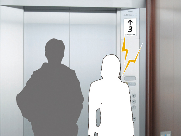 Security.  [Nearest floor stop operation with high voice sensor] A loud sound, such as crime prevention buzzer and scream, When high sound sensors disposed on the elevator box detects, Automatically stop to the nearest floor while an alarm, This opens the door. (Conceptual diagram)