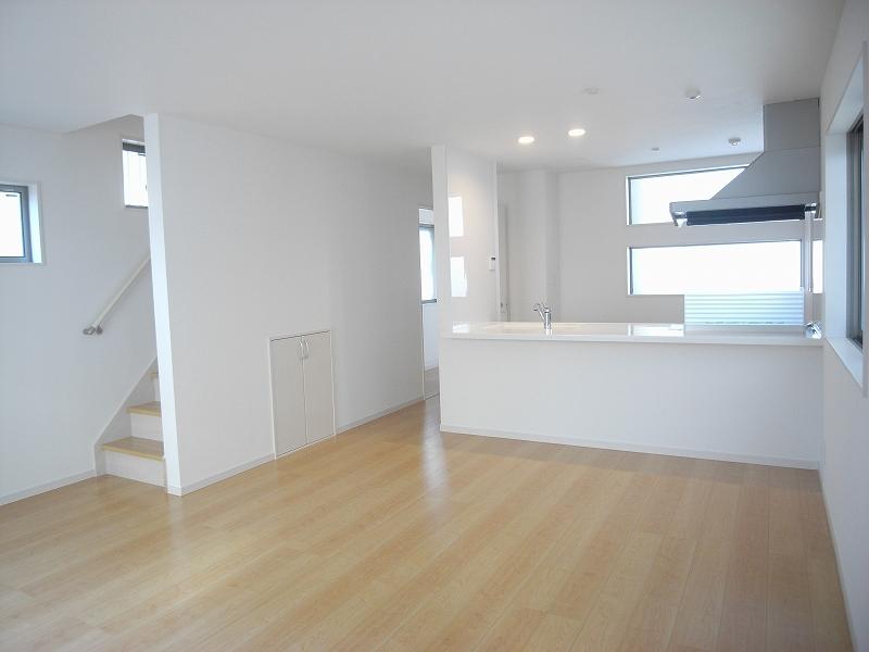 Living. Counter kitchen and living-in stairs