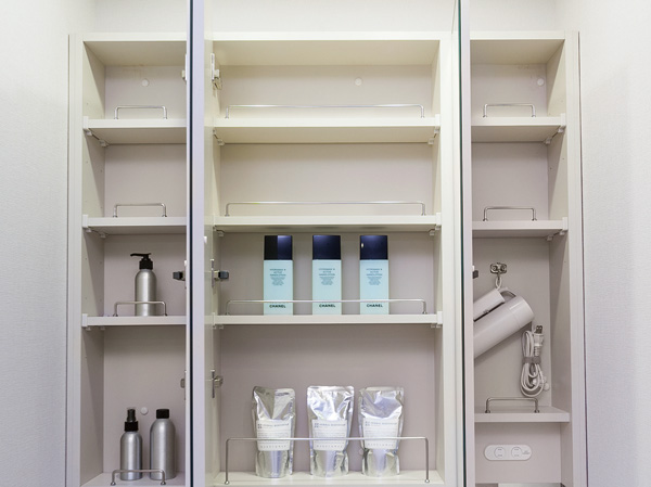 Bathing-wash room.  [Dryer hook & electrical outlet & fall prevention bar] Dryer hook and outlet to the three-sided mirror back storage, It established the bar for fall prevention. Is a three-sided mirror of feature-packed to help you get dressed.