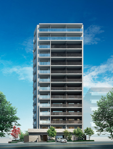 Shared facilities.  [Exterior - Rendering] Facade, White was based on oozes Tansei elegance, Color dark brown is a Japanese traditional color to accent. It has impressed the beautiful contrast. I feel the modern glass handrail has been refined with a further sense of openness. Also, Incorporating the soft texture some white granite-tone tile foundation part, We ingenuity Komu soluble in colorful planting.