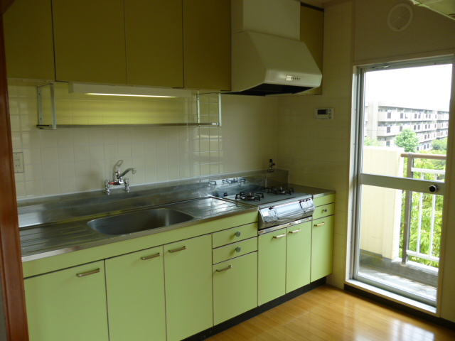 Kitchen. Bright kitchen with a back door facing the balcony. 
