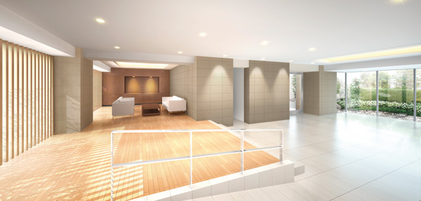 Shared facilities.  [Lounge Rendering CG] A lounge in the entrance hall. Directed the open space, During the day the gentle sunshine is plugged from the balcony, Night will reach the soft lighting of the downlight, To create a dignified space, It will be wrapped in when quiet to open the mind.