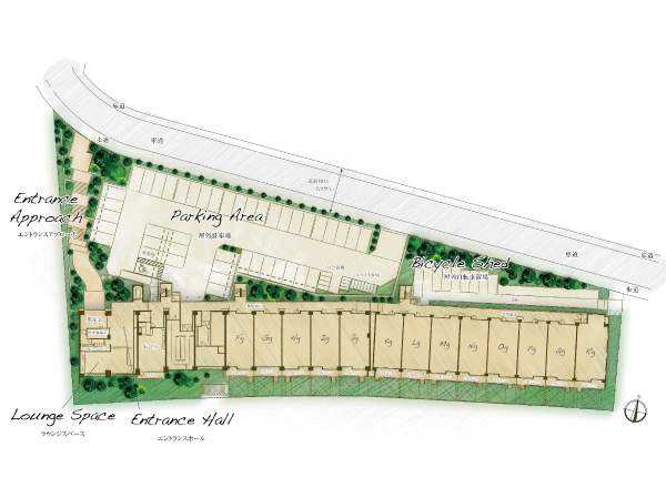 Shared facilities.  [Site layout conceptual diagram] 86 cars on site (all households in minutes) of the parking lot (wheelchair users priority parking ・ In addition to including one each for the visitors), Bike storage is secure a 168 units, which corresponds to 200%.  ※ It will be charged.