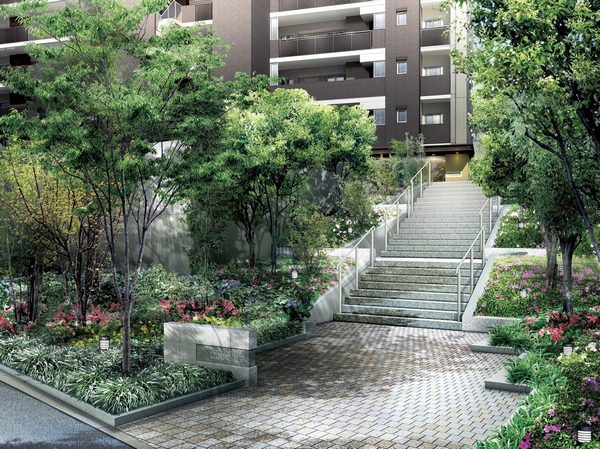 Entrance approach Rendering CG. It is in the place that was a little up from the Keio Sagamihara Line "Keio Horinouchi" of a 4-minute walk from the station road, Environment to look up the green is attractive