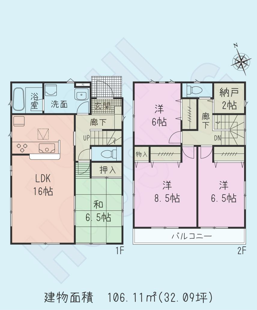 Floor plan. (Building 2), Price 22,800,000 yen, 4LDK+S, Land area 175.18 sq m , Building area 106.11 sq m