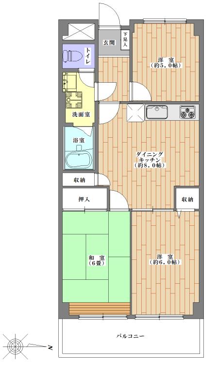 Floor plan. 3DK, Price 13.8 million yen, Occupied area 61.57 sq m , Balcony area 8.25 sq m