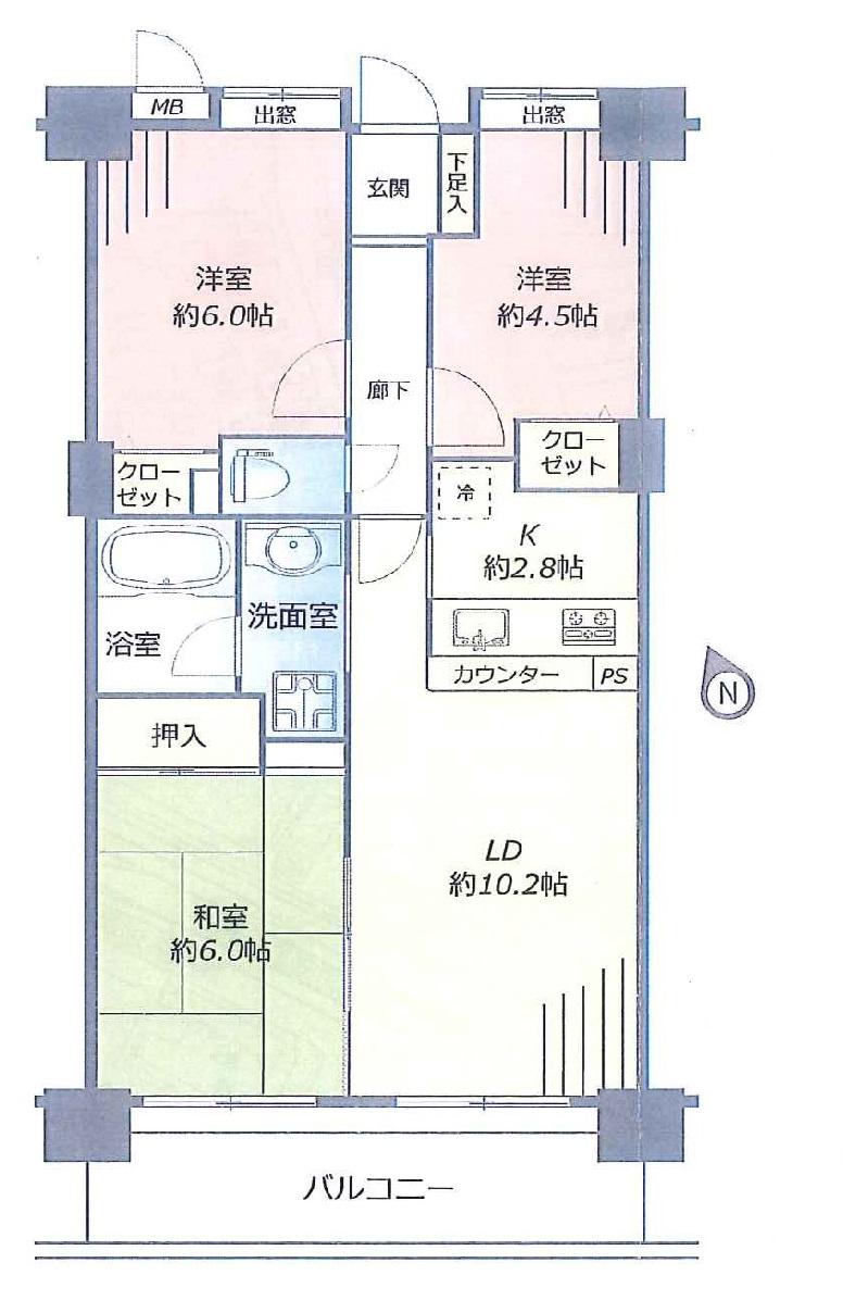 Floor plan. 3LDK, Price 24,900,000 yen, Occupied area 64.31 sq m , Balcony area 10.62 sq m ◎ all rooms housed Yes ◎ footwear purse ◎ bay window