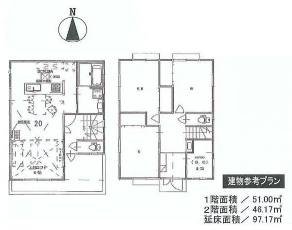 Building plan example (floor plan). 3LDK 13.5 million yen 97.1 square meters