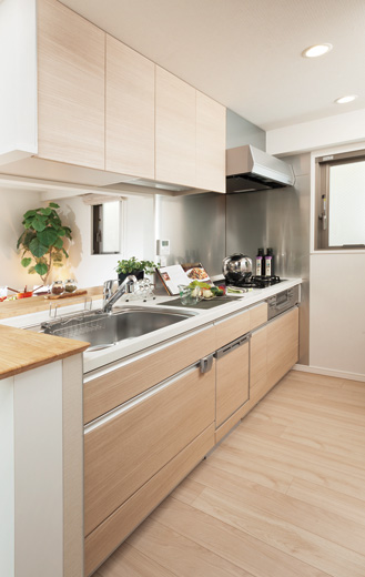 Kitchen.  [kitchen] The counter top in the kitchen, Adopt the artificial marble to honor the beautiful texture. Difficult dirty luck, Keep the kitchen beautifully clean. (Less than, Published photograph of the A type (pre-sale) ※ Paid including option (application termination))