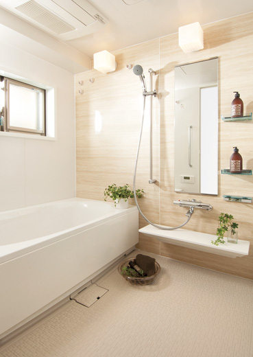 Bathing-wash room.  [Bathroom] Adopting the hot water is less likely to cold Samobasu. By a double thermal insulation of "Samobasu dedicated assembly lid" "Samobasu private bath heat insulation material", Because the hot water is hard to cool down, Possible bathing at any time without having to worry about the time. It will lead to savings in utility costs.