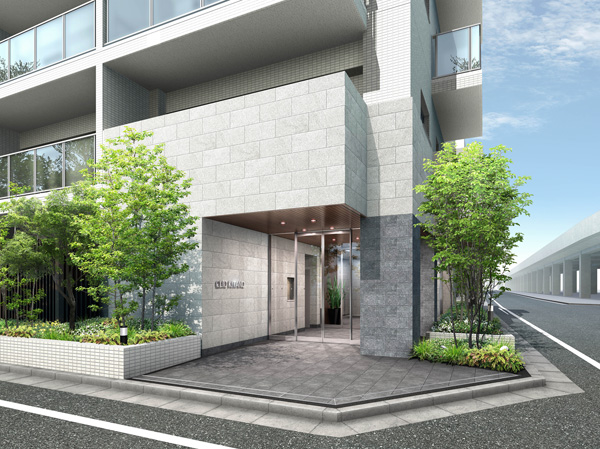 Shared facilities.  [Entrance Rendering] To the appropriate smart and calm of this land, The look of the entrance. "White" of the outer wall that take advantage of the texture of the stone, And abundant "green" and weave contrast of planting.