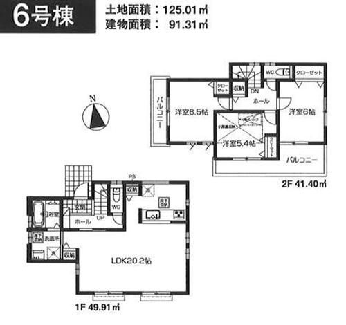 Floor plan. (6 Building), Price 37,800,000 yen, 3LDK, Land area 125.01 sq m , Building area 91.31 sq m