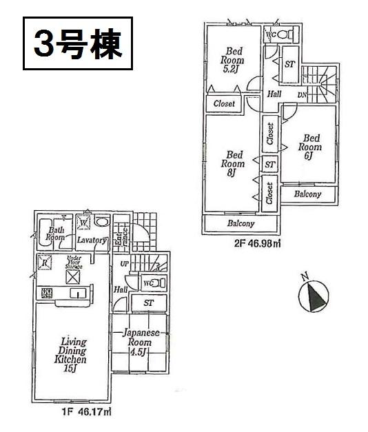 Floor plan. (3 Building), Price 31,800,000 yen, 4LDK, Land area 136.6 sq m , Building area 93.15 sq m