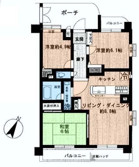Floor plan. 3LDK, Price 19.5 million yen, Footprint 62.1 sq m , Balcony area 12.7 sq m