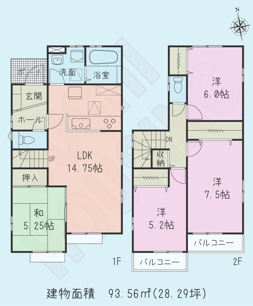 Floor plan. (Building 2), Price 24.6 million yen, 4LDK, Land area 126.25 sq m , Building area 93.56 sq m