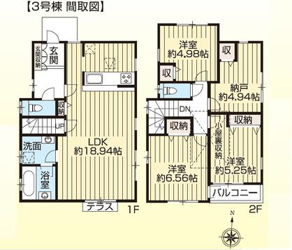 Floor plan. (3 Building), Price 25,800,000 yen, 3LDK+S, Land area 82.39 sq m , Building area 93.56 sq m