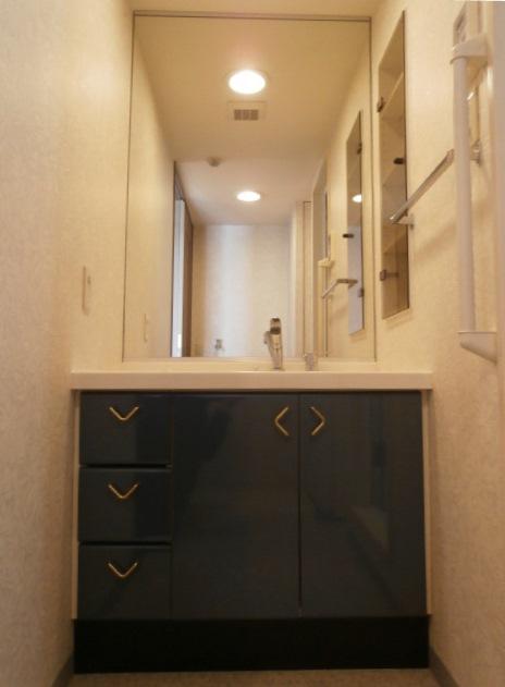 Wash basin, toilet. Vanity large mirror is happy