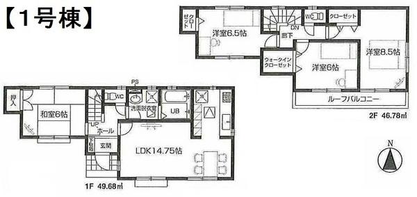 Floor plan. (1 Building), Price 32,800,000 yen, 4LDK, Land area 100 sq m , Building area 96.46 sq m