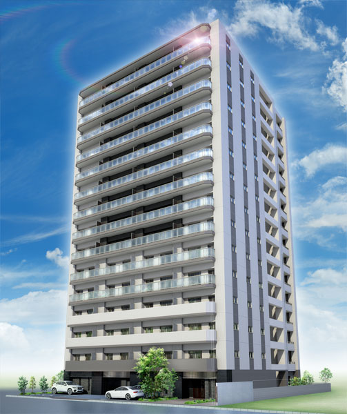 Buildings and facilities. Are three lines that were drawn to run up to the ground floor 15, It tightens the facade as an accent of the building. (Exterior - Rendering /  ※ Which was raised drawn based on drawing, In fact a slightly different.  ※ Planting does not indicate the status of a particular season. Also, Tree species of planting ・ About the size has become a undetermined, It does not grow to about Rendering at the time of completion. )