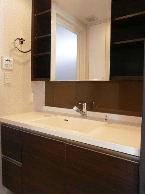 Wash basin, toilet. Wide vanity