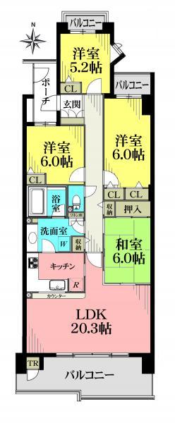 Floor plan. 4LDK, Price 28.8 million yen, Footprint 102.93 sq m , Balcony area 18.98 sq m