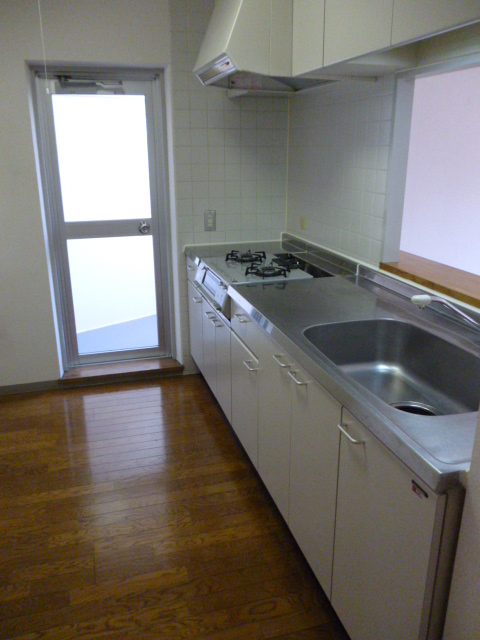 Kitchen. Bright face-to-face counter kitchen with a back door. 