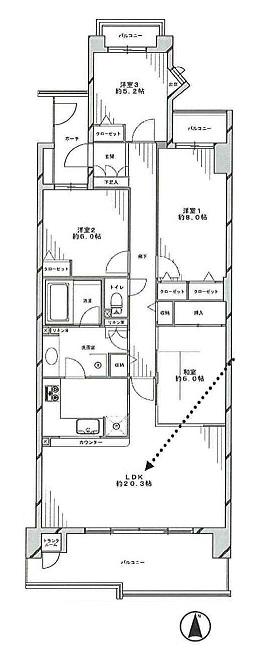 Floor plan. 4LDK, Price 28.8 million yen, Footprint 102.93 sq m , Balcony area 18.98 sq m pre-sedan Hills Minami-Osawa