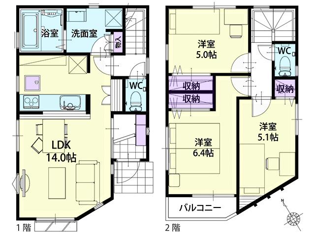 Floor plan. (Building 2), Price 27,800,000 yen, 3LDK, Land area 90.39 sq m , Building area 73.68 sq m