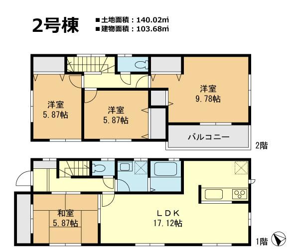Floor plan. (Building 2), Price 24.5 million yen, 4LDK, Land area 140.02 sq m , Building area 103.68 sq m