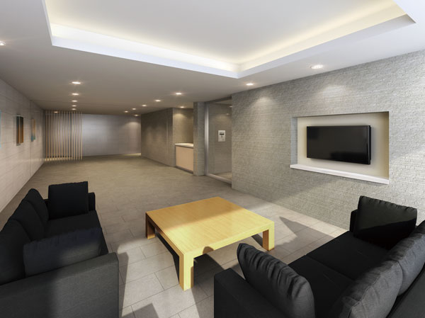 Shared facilities.  [Entrance Hall flowing when modern and elegant ・ Lounge] Adopted a calm Materials, Foster a hotel-like atmosphere to produce a high-quality comfort. Niche and louver, Modern space that has been configured with Oriage ceiling, It will surely change in the elegant time a guest and relax moments. It has achieved a space that inspire pride in those who live.  (Rendering)