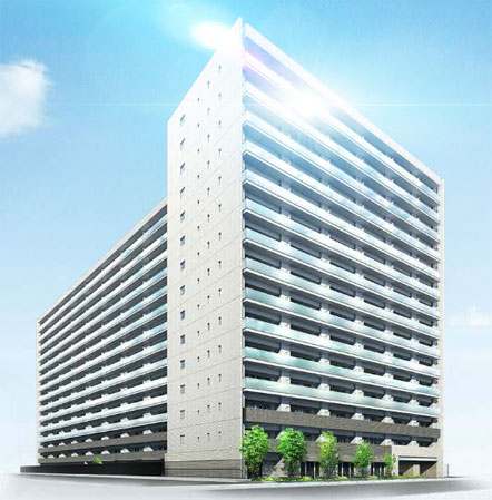 Buildings and facilities.  [Father de design engrave sophisticated noble look] Yet sharp design feel the flavor of the city familiar, Open appearance design in harmony with the green of the surrounding area have been realized. (Exterior view) ※ Rendering of the web is one that caused draw based on the drawings of the planning stage, In fact a slightly different. Also, We have omitted details and equipment, etc. of shape.