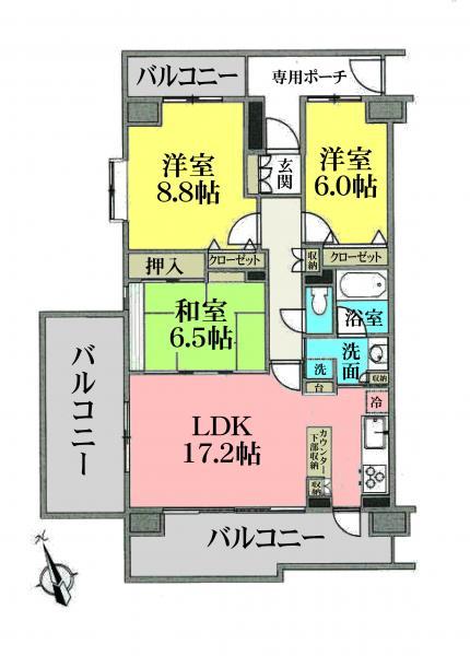 Floor plan. 3LDK, Price 34,800,000 yen, Occupied area 84.69 sq m , Balcony area 17.21 sq m