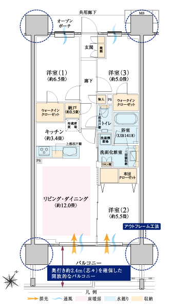 B type 3LDK + N + 2WIC footprint / 74.71 sq m Balcony area / 13.78 sq m ※ N = storeroom, WIC = walk-in closet
