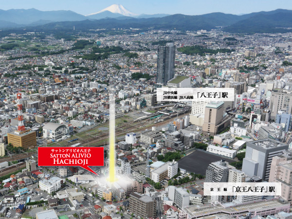 Surrounding environment. Shinjuku, Tokyo, Comfortable access to Yokohama. 2 station 4 routes starting station nearby convenience.  ※ Photos are subjected to some CG work in aerial photographs taken in June 2013, In fact a slightly different.