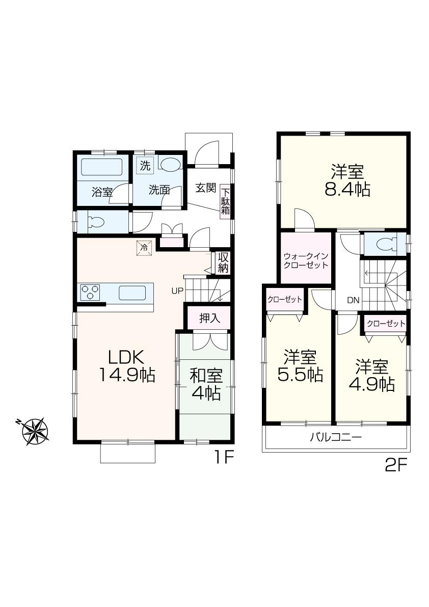 Building plan example (floor plan). Building plan example 4LDK, Land price 26.5 million yen, Land area 136 sq m , Building price 15,250,000 yen, Building area 93.34 sq m