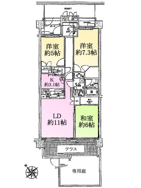 Floor plan. 3LDK, Price 36,800,000 yen, Footprint 73.9 sq m , Balcony area 8.9 sq m The ・ Uinberu Higashikurume Floor