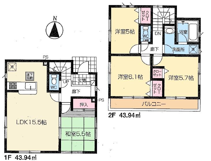 Floor plan. (1 Building), Price 36,800,000 yen, 4LDK, Land area 128.2 sq m , Building area 87.88 sq m