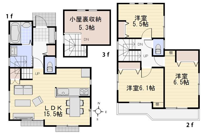 Floor plan. (Building 2), Price 34,800,000 yen, 3LDK, Land area 103.17 sq m , Building area 80.97 sq m