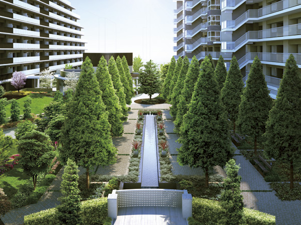 Features of the building.  [Promenade to create a bustle in the streets and roadside] Of the site west leading to the front of the station to the "Station Promenade" is, Place the planting shine in sunset. A store which is provided on the first floor building, It created a bustle in the city. Also, Nursery and public assembly room lined site south of "Seasons Promenade" and the site east of the "Autumn Promenade" is, Subjected to planting add color of the four seasons, It will produce the sidewalk space of peace. (Rendering CG)