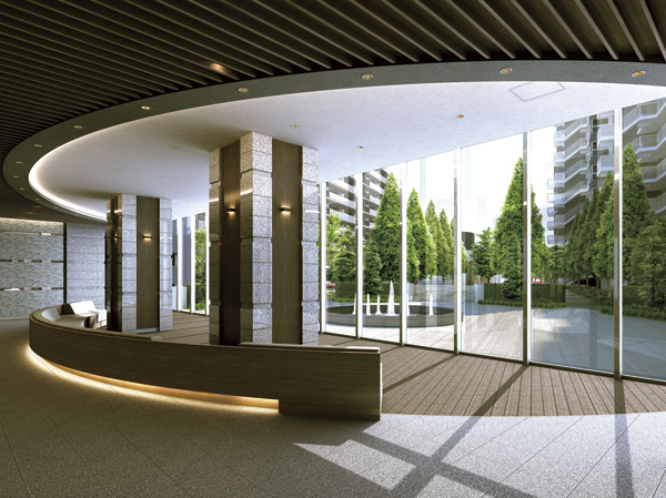 Features of the building.  [Entrance Lounge] By relaxed ceilings and glass, Full of light and airy "Entrance Lounge". The formal design of stone and wood weave, Carousel exudes a magnificent height of as a landmark. Also, It is impressive nestled in the ceiling and the floor of the motif circle, It draws the Four Seasons Garden. (Rendering CG)