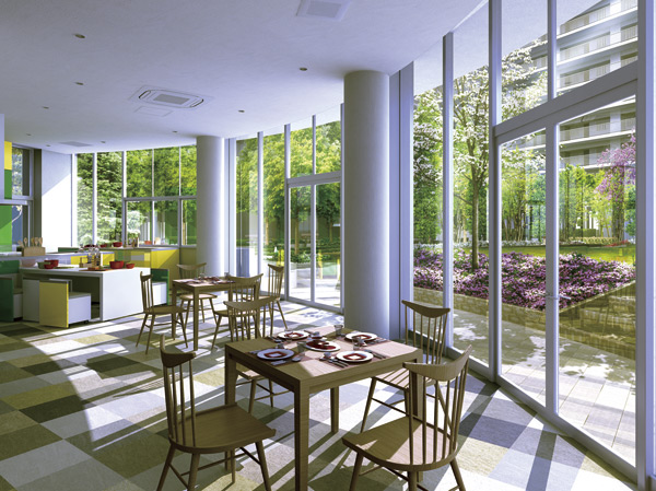 Shared facilities.  [Kitchen Studio & Children's Room] Provided an open cooking space "kitchen studio" is, Such children is easy-to-use provision of the workbench, It was a community space to foster the parent-child connection. Also, "Kids Room" also is adjacent, Relax while from playing children. (Rendering CG)