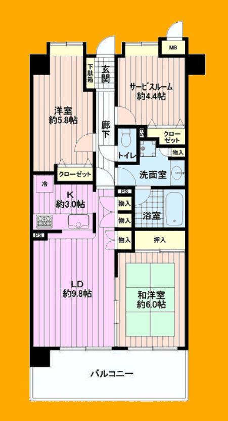 Floor plan. 3LDK, Price 26,800,000 yen, Footprint 66 sq m , Balcony area 12 sq m